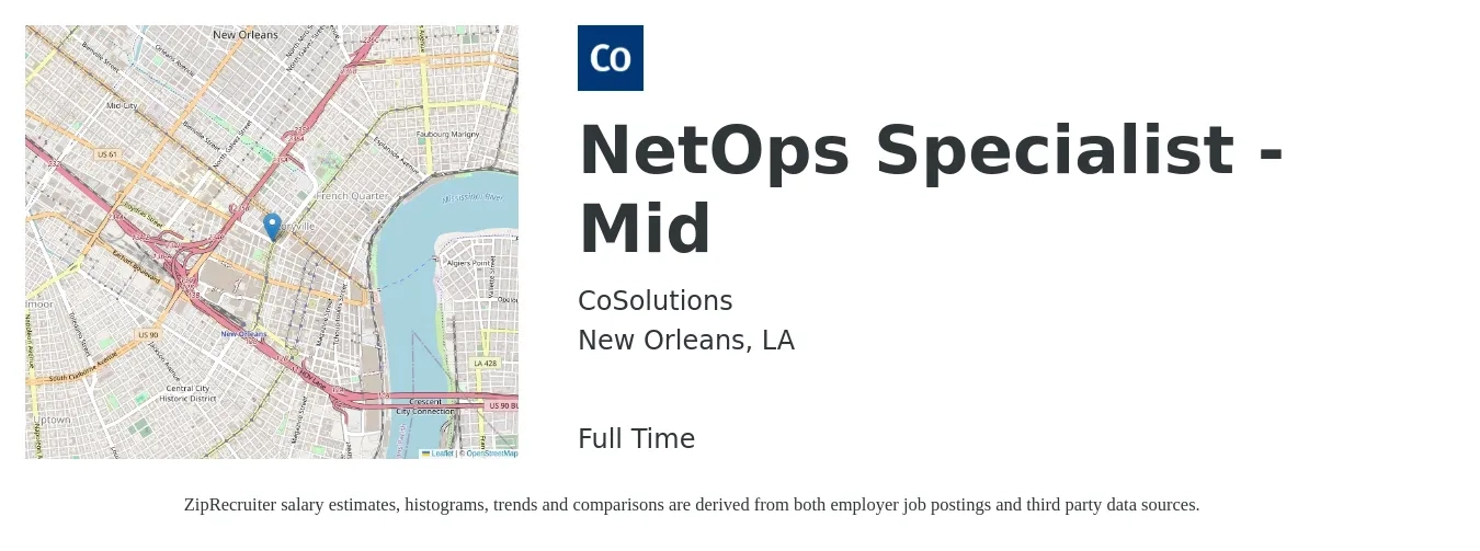 CoSolutions job posting for a NetOps Specialist - Mid in New Orleans, LA with a salary of $22 to $34 Hourly with a map of New Orleans location.