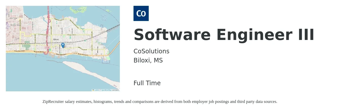 CoSolutions job posting for a Software Engineer III in Biloxi, MS with a salary of $106,800 to $154,000 Yearly with a map of Biloxi location.