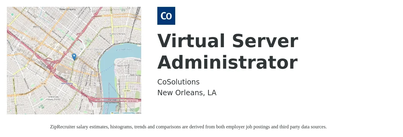 CoSolutions job posting for a Virtual Server Administrator in New Orleans, LA with a salary of $30 to $46 Hourly with a map of New Orleans location.