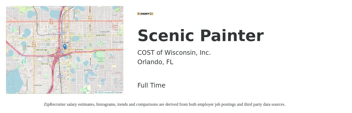 COST of Wisconsin, Inc. job posting for a Scenic Painter in Orlando, FL with a salary of $17 to $23 Hourly with a map of Orlando location.