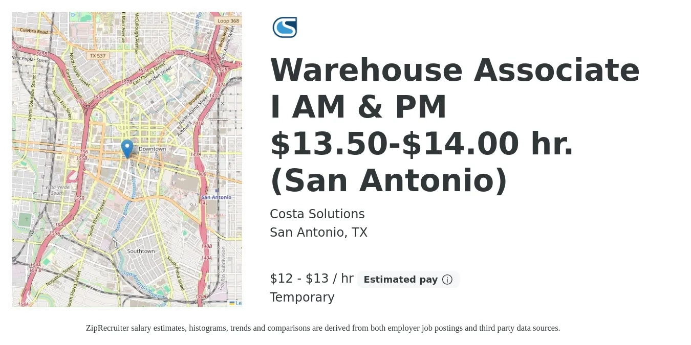 Costa Solutions job posting for a Warehouse Associate I AM & PM $13.50-$14.00 hr. (San Antonio) in San Antonio, TX with a salary of $14 to $14 Hourly with a map of San Antonio location.