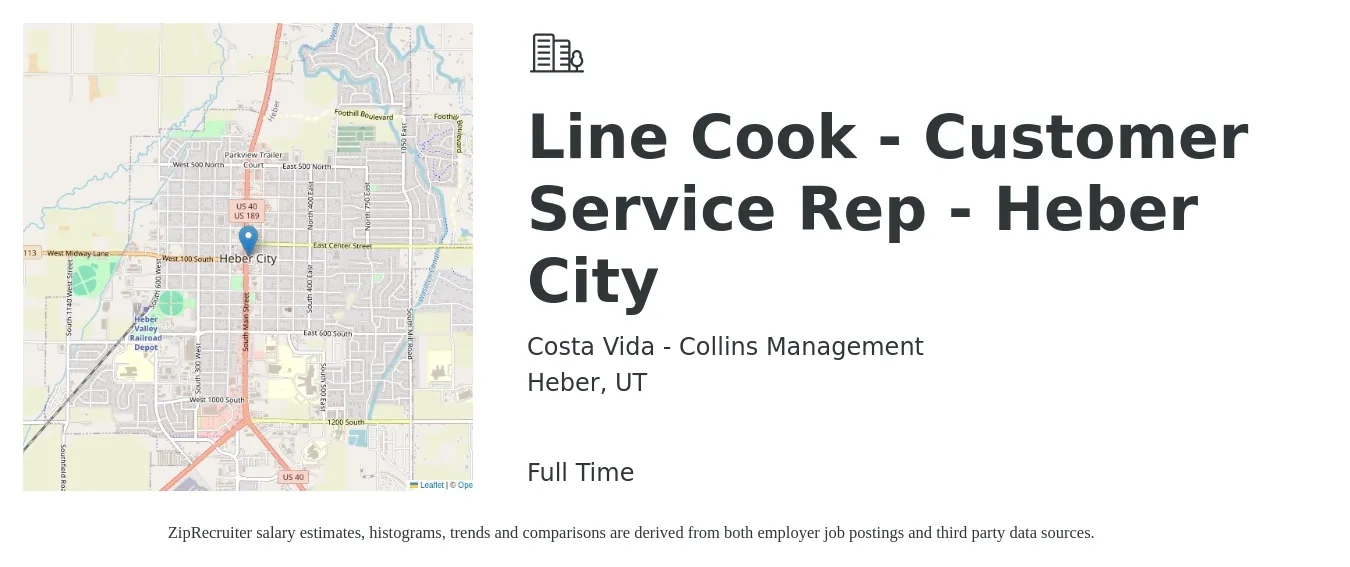 Costa Vida - Collins Management job posting for a Line Cook - Customer Service Rep - Heber City in Heber, UT with a salary of $16 to $22 Hourly with a map of Heber location.