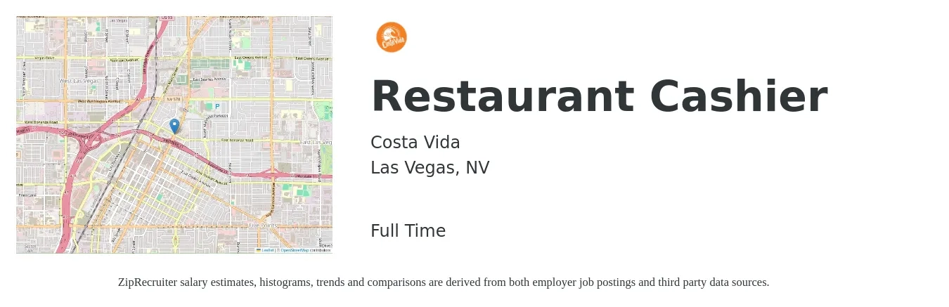 Costa Vida job posting for a Restaurant Cashier in Las Vegas, NV with a salary of $11 to $14 Hourly with a map of Las Vegas location.