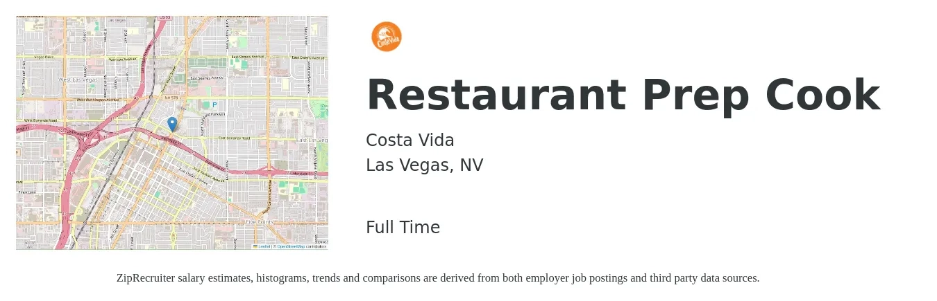 Costa Vida job posting for a Restaurant Prep Cook in Las Vegas, NV with a salary of $13 to $16 Hourly with a map of Las Vegas location.
