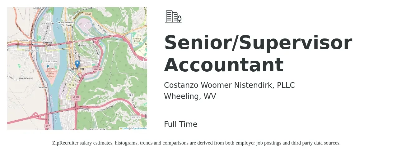 Costanzo Woomer Nistendirk, PLLC job posting for a Senior/Supervisor Accountant in Wheeling, WV with a salary of $73,700 to $92,600 Yearly with a map of Wheeling location.