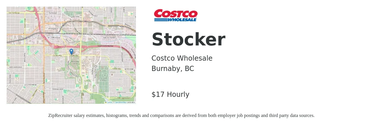 Costco Wholesale job posting for a Stocker in Burnaby, BC with a salary of $18 Hourly with a map of Burnaby location.