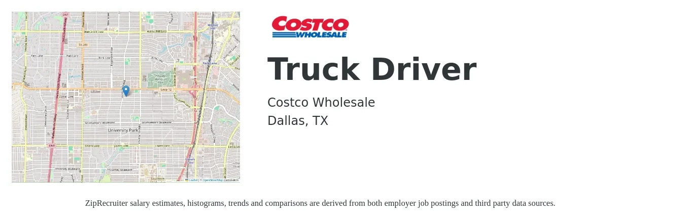 Costco Wholesale job posting for a Truck Driver in Dallas, TX with a salary of $18 to $30 Hourly with a map of Dallas location.