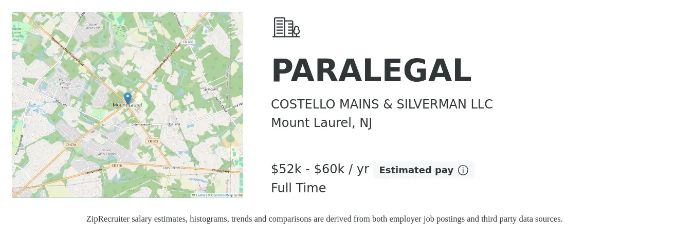COSTELLO MAINS & SILVERMAN LLC job posting for a PARALEGAL in Mount Laurel, NJ with a salary of $52,000 to $60,000 Yearly with a map of Mount Laurel location.