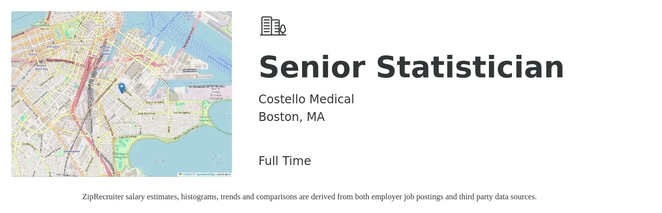 Costello Medical job posting for a Senior Statistician in Boston, MA with a salary of $88,000 to $95,000 Yearly with a map of Boston location.