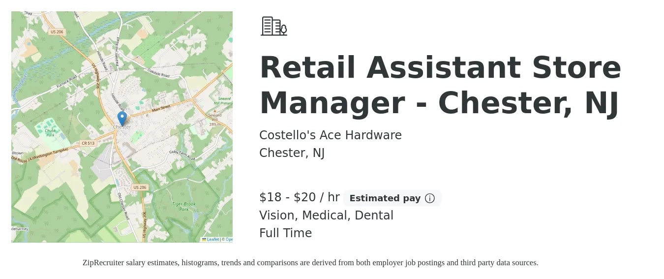 Costello's Ace Hardware job posting for a Retail Assistant Store Manager - Chester, NJ in Chester, NJ with a salary of $19 to $21 Hourly and benefits including dental, life_insurance, medical, pto, retirement, and vision with a map of Chester location.