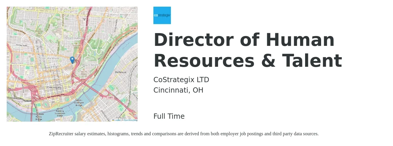CoStrategix LTD job posting for a Director of Human Resources & Talent in Cincinnati, OH with a salary of $85,000 to $131,100 Yearly with a map of Cincinnati location.