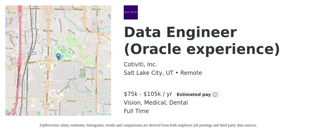 Cotiviti, Inc. job posting for a Data Engineer (Oracle experience) in Salt Lake City, UT with a salary of $75,000 to $105,000 Yearly and benefits including dental, life_insurance, medical, retirement, and vision with a map of Salt Lake City location.