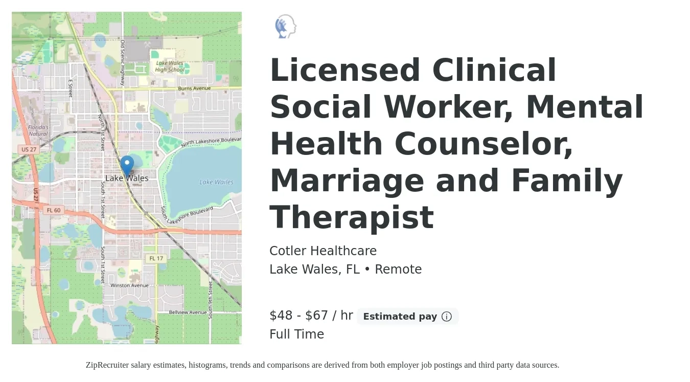 Cotler Healthcare job posting for a Licensed Clinical Social Worker, Mental Health Counselor, Marriage and Family Therapist in Lake Wales, FL with a salary of $50 to $70 Hourly with a map of Lake Wales location.