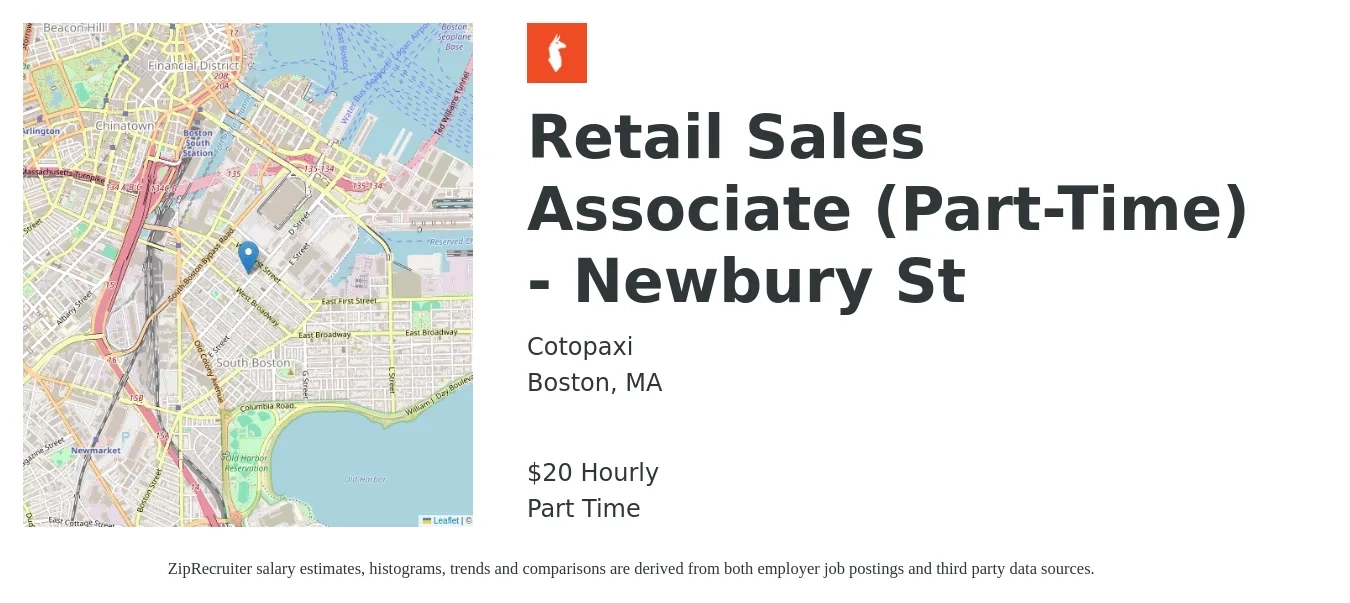Cotopaxi job posting for a Retail Sales Associate (Part-Time) - Newbury St in Boston, MA with a salary of $21 Hourly with a map of Boston location.