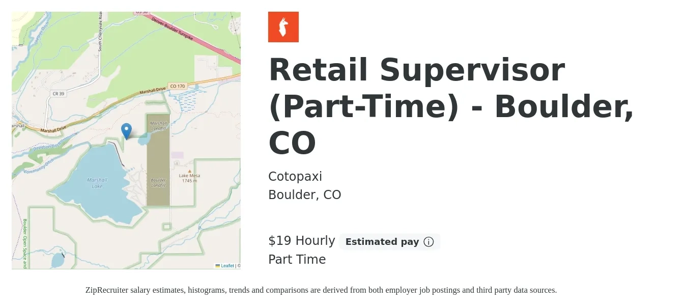 Cotopaxi job posting for a Retail Supervisor (Part-Time) - Boulder, CO in Boulder, CO with a salary of $20 Hourly with a map of Boulder location.
