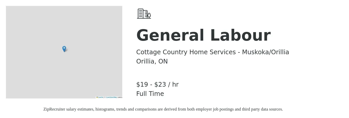 Cottage Country Home Services - Muskoka/Orillia job posting for a General Labour in Orillia, ON with a salary of $20 to $24 Hourly with a map of Orillia location.