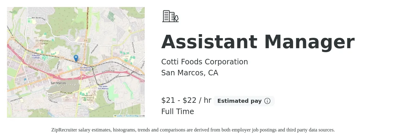 Cotti Foods Corporation job posting for a Assistant Manager in San Marcos, CA with a salary of $22 to $23 Hourly with a map of San Marcos location.