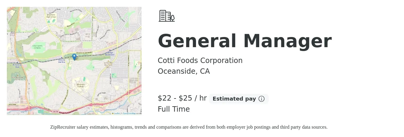 Cotti Foods Corporation job posting for a General Manager in Oceanside, CA with a salary of $23 to $26 Hourly with a map of Oceanside location.