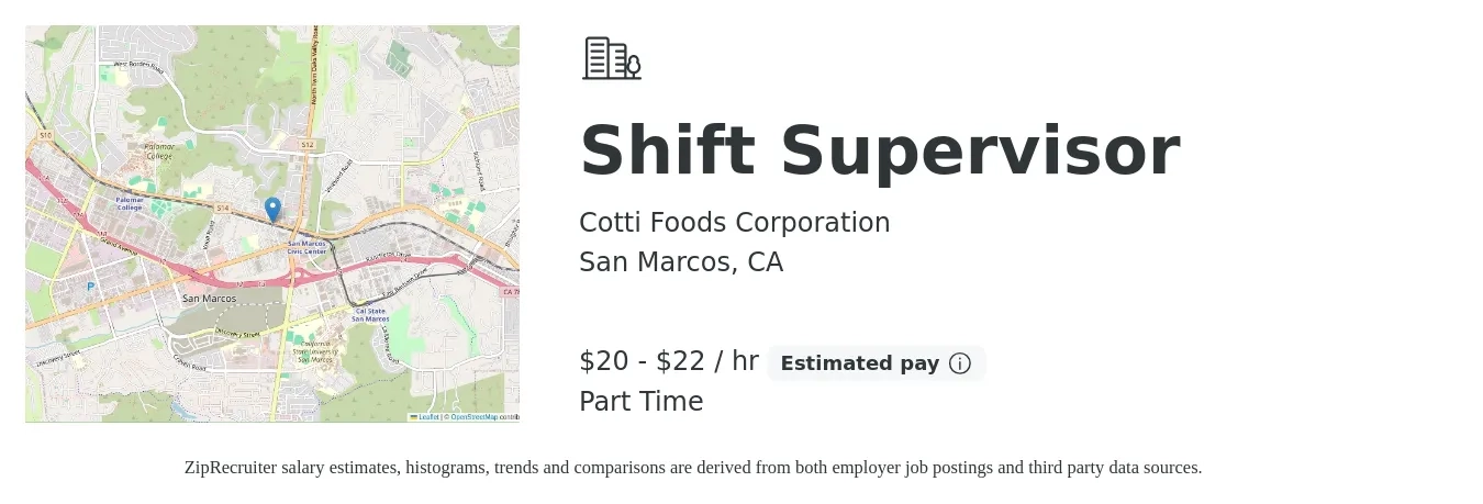 Cotti Foods Corporation job posting for a Shift Supervisor in San Marcos, CA with a salary of $22 to $23 Hourly with a map of San Marcos location.
