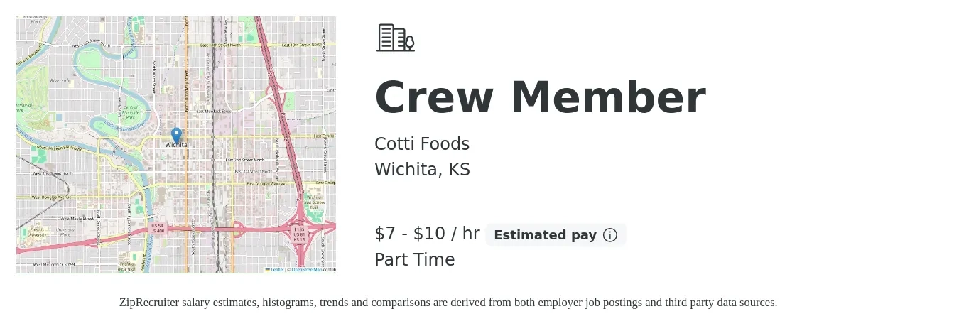 Cotti Foods Corporation job posting for a Crew Member in Wichita, KS with a salary of $8 to $11 Hourly with a map of Wichita location.