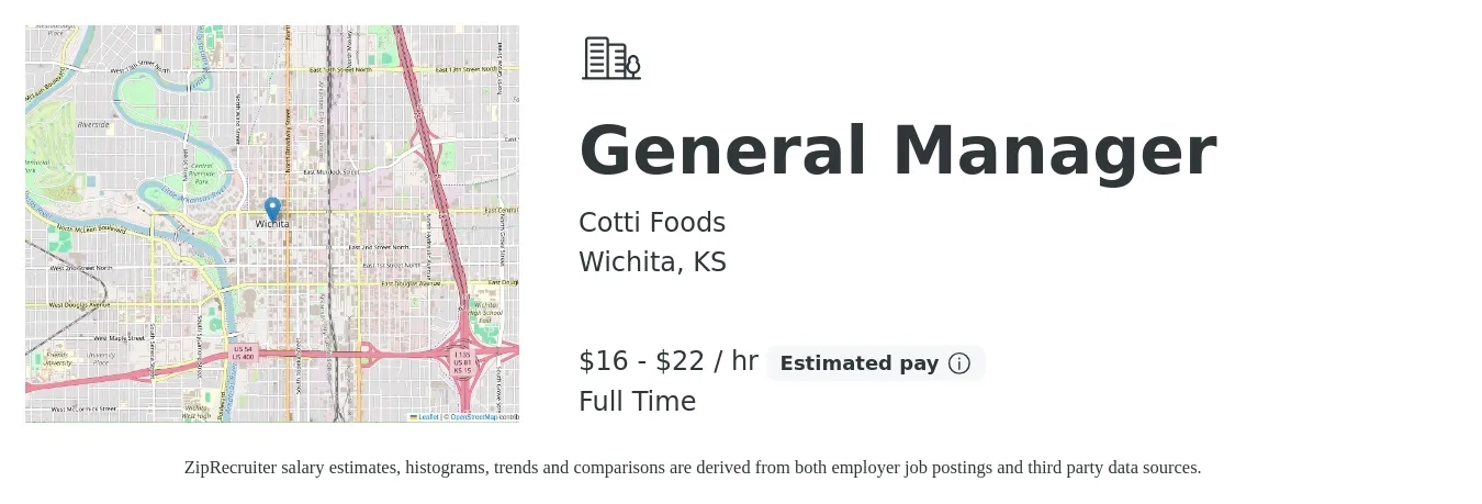 Cotti Foods Corporation job posting for a General Manager in Wichita, KS with a salary of $17 to $23 Hourly with a map of Wichita location.