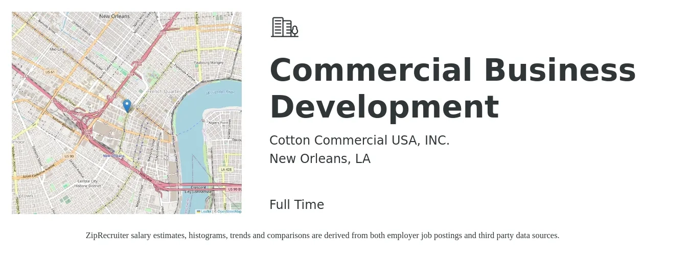 Cotton Commercial USA, INC. job posting for a Commercial Business Development in New Orleans, LA with a salary of $58,600 to $96,000 Yearly with a map of New Orleans location.