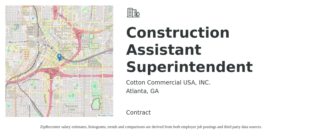 Cotton Commercial USA, INC. job posting for a Construction Assistant Superintendent in Atlanta, GA with a salary of $61,500 to $87,500 Yearly with a map of Atlanta location.
