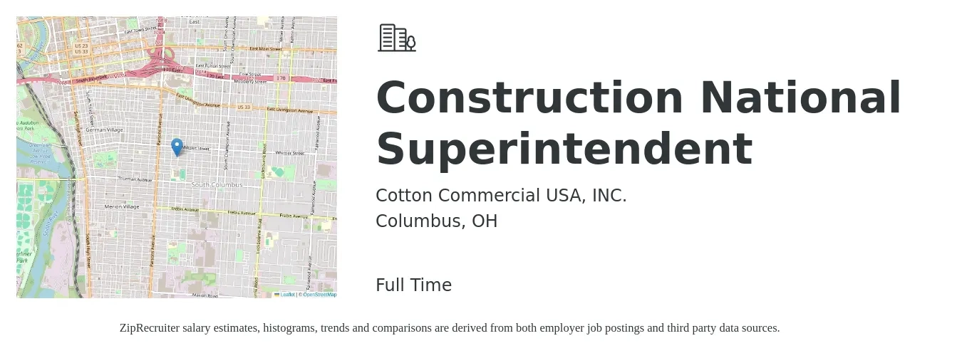 Cotton Commercial USA, INC. job posting for a Construction National Superintendent in Columbus, OH with a salary of $68,600 to $111,600 Yearly with a map of Columbus location.