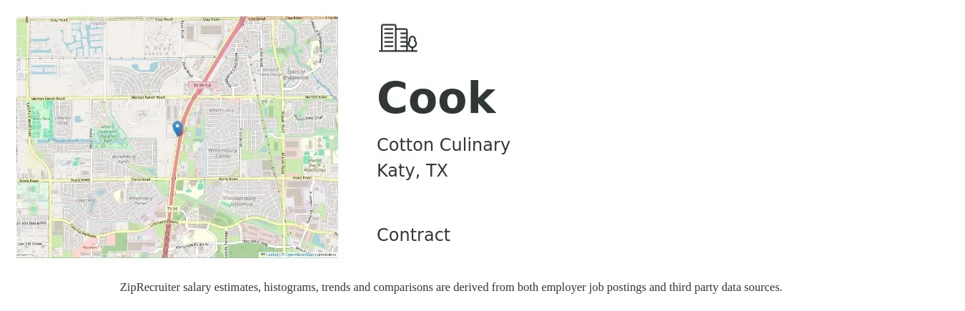 Cotton Culinary job posting for a Cook in Katy, TX with a salary of $13 to $17 Hourly with a map of Katy location.
