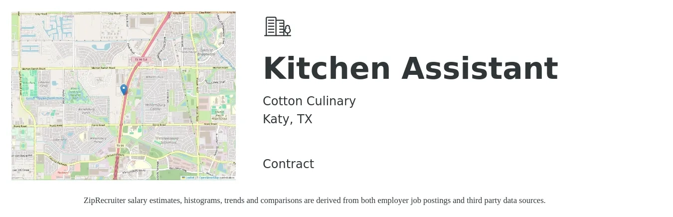Cotton Culinary job posting for a Kitchen Assistant in Katy, TX with a salary of $13 to $16 Hourly with a map of Katy location.