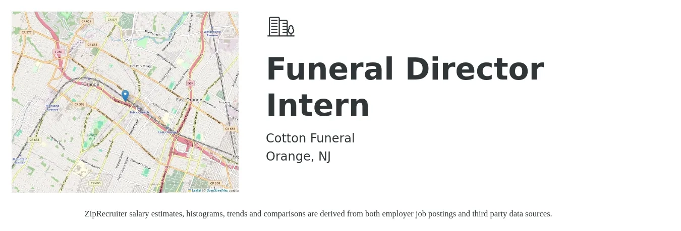 Cotton Funeral job posting for a Funeral Director Intern in Orange, NJ with a salary of $15 Hourly with a map of Orange location.