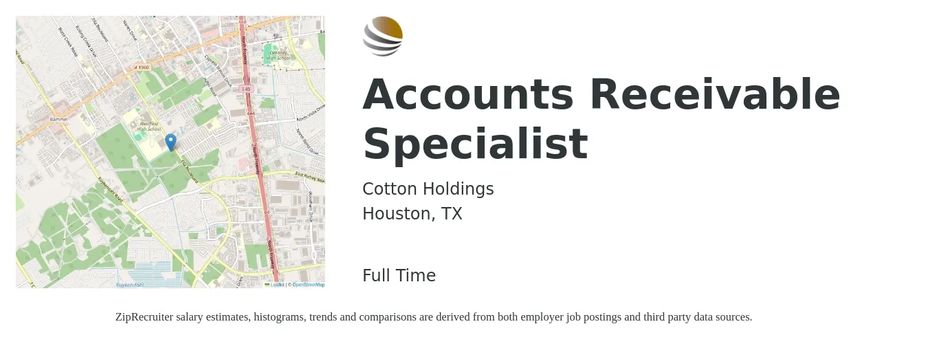Cotton Holdings job posting for a Accounts Receivable Specialist in Houston, TX with a salary of $19 to $26 Hourly with a map of Houston location.