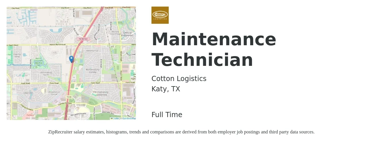Cotton Logistics job posting for a Maintenance Technician in Katy, TX with a salary of $18 to $24 Hourly with a map of Katy location.