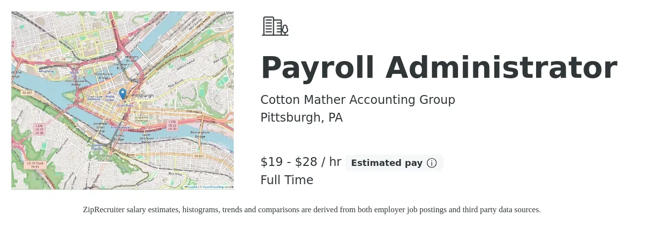 Cotton Mather Accounting Group job posting for a Payroll Administrator in Pittsburgh, PA with a salary of $20 to $30 Hourly and benefits including retirement with a map of Pittsburgh location.