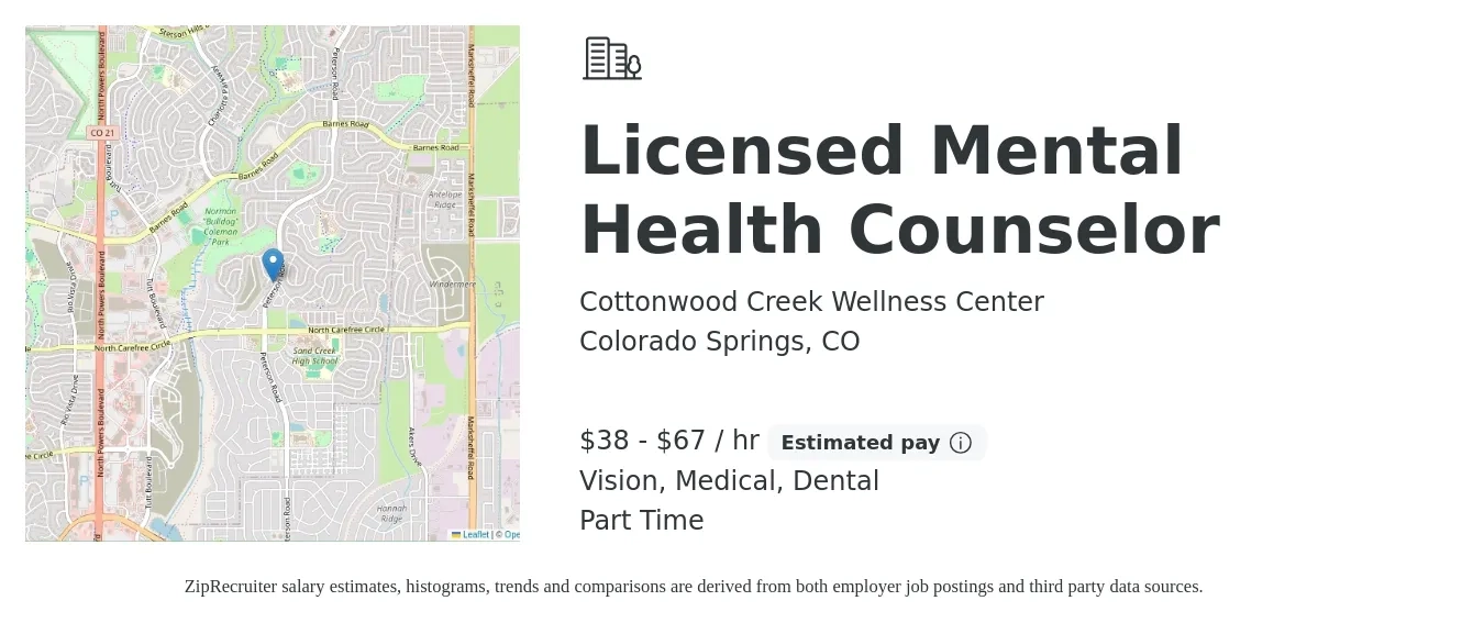 Cottonwood Creek Wellness Center job posting for a Licensed Mental Health Counselor in Colorado Springs, CO with a salary of $40 to $70 Hourly and benefits including dental, medical, pto, retirement, and vision with a map of Colorado Springs location.