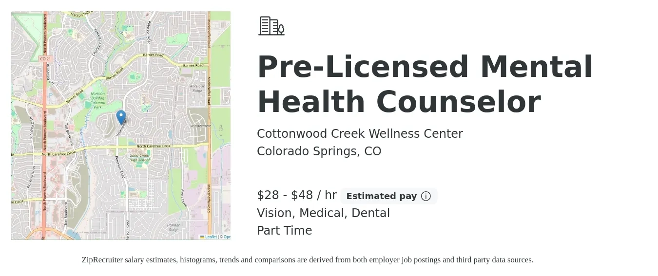 Cottonwood Creek Wellness Center job posting for a Pre-Licensed Mental Health Counselor in Colorado Springs, CO with a salary of $40 to $60 Hourly and benefits including retirement, vision, dental, medical, and pto with a map of Colorado Springs location.
