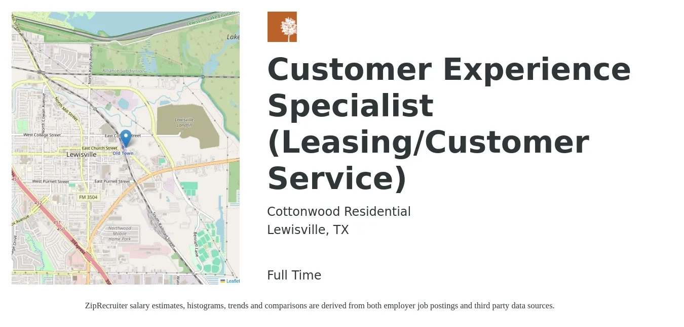 Cottonwood Residential job posting for a Customer Experience Specialist (Leasing/Customer Service) in Lewisville, TX with a salary of $16 to $21 Hourly with a map of Lewisville location.