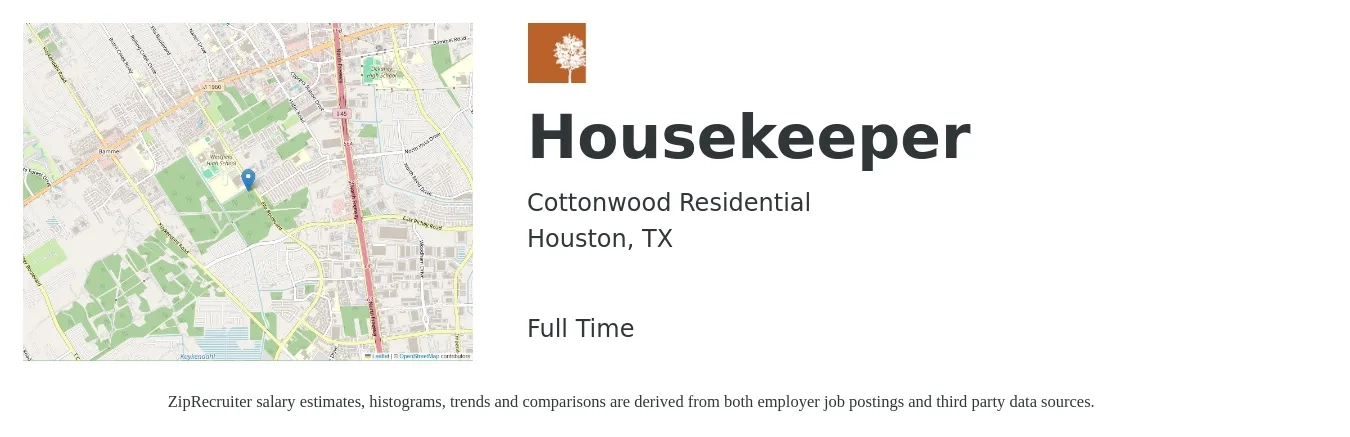 Cottonwood Residential job posting for a Housekeeper in Houston, TX with a salary of $13 to $17 Hourly with a map of Houston location.