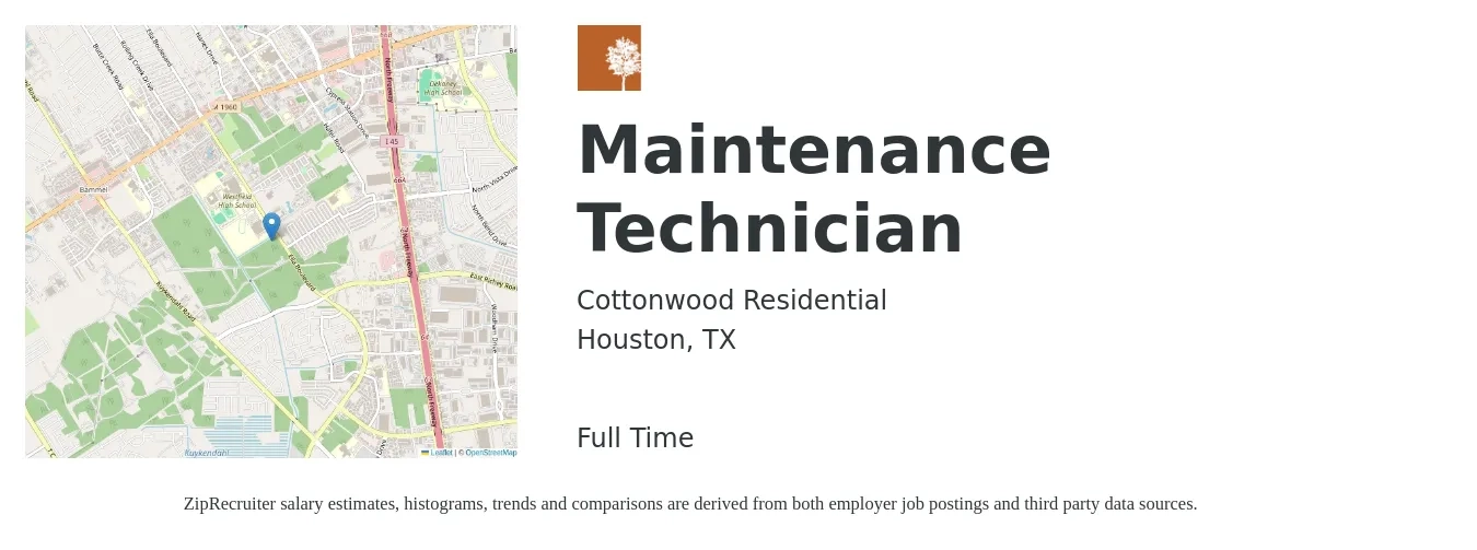 Cottonwood Residential job posting for a Maintenance Technician in Houston, TX with a salary of $18 to $26 Hourly with a map of Houston location.