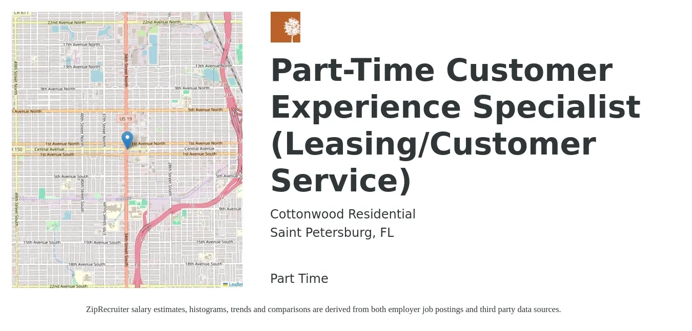 Cottonwood Residential job posting for a Part-Time Customer Experience Specialist (Leasing/Customer Service) in Saint Petersburg, FL with a salary of $16 to $21 Hourly with a map of Saint Petersburg location.
