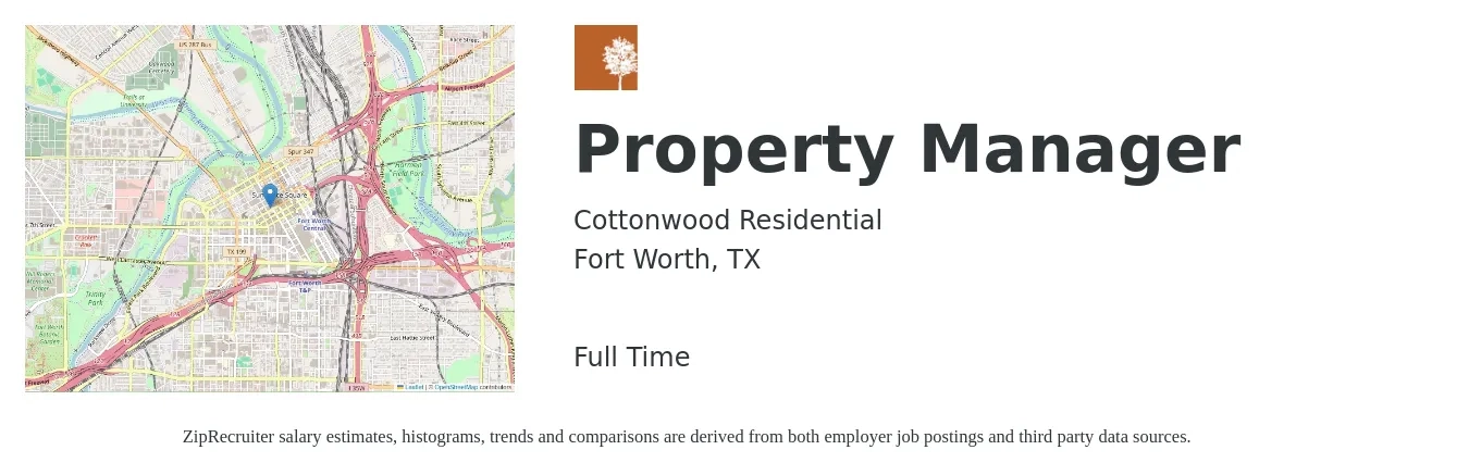 Cottonwood Residential job posting for a Property Manager in Fort Worth, TX with a salary of $42,200 to $65,200 Yearly with a map of Fort Worth location.