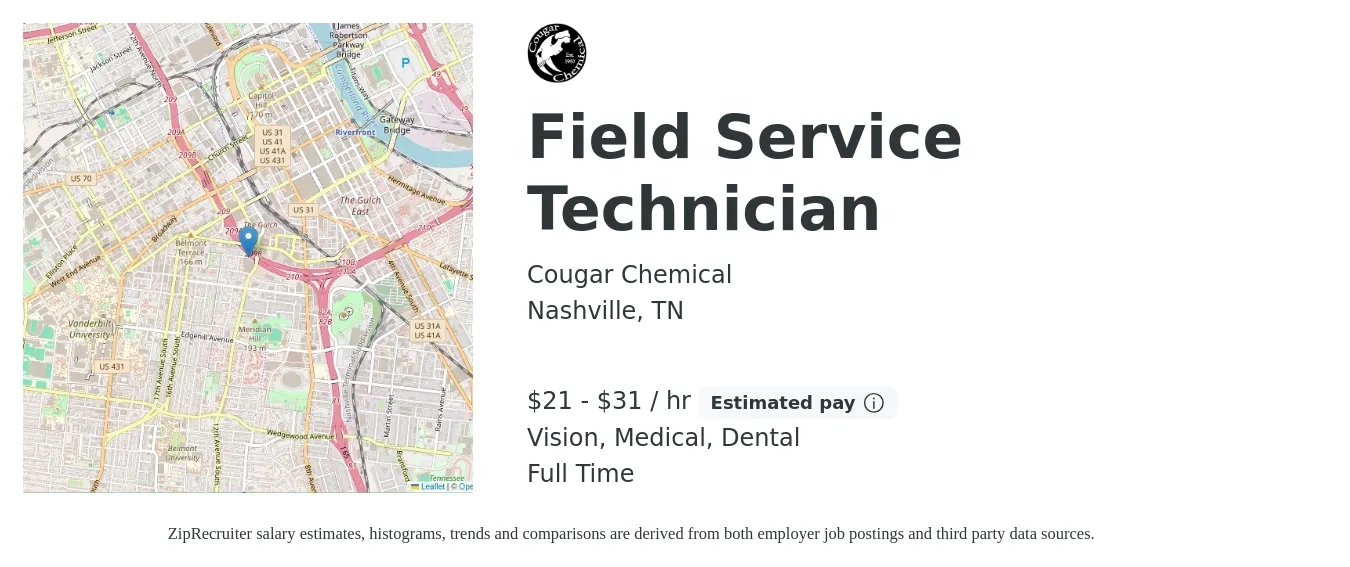 Cougar Chemical job posting for a Field Service Technician in Nashville, TN with a salary of $22 to $33 Hourly and benefits including vision, dental, life_insurance, medical, pto, and retirement with a map of Nashville location.
