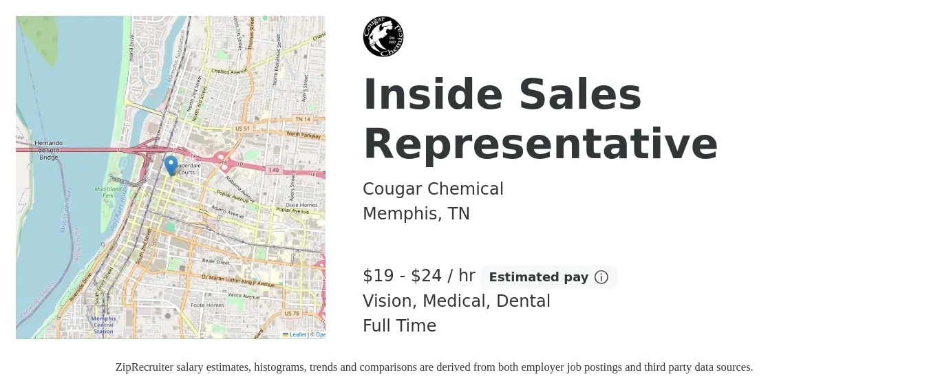 Cougar Chemical job posting for a Inside Sales Representative in Memphis, TN with a salary of $20 to $25 Hourly and benefits including retirement, vision, dental, life_insurance, and medical with a map of Memphis location.