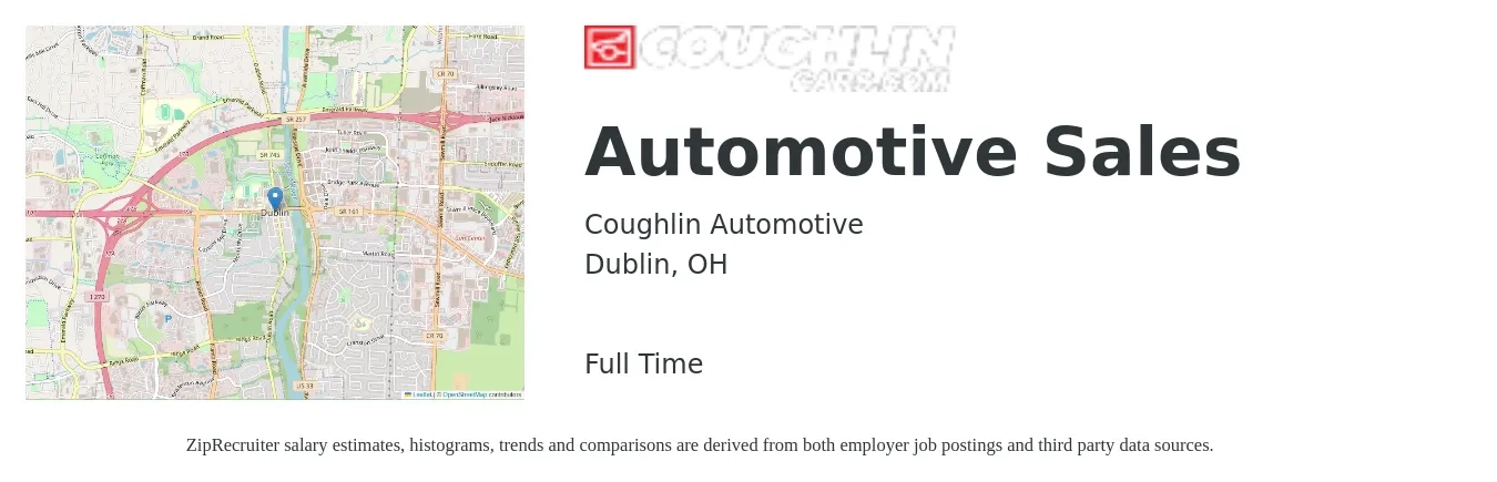 Coughlin Automotive job posting for a Automotive Sales in Dublin, OH with a salary of $48,300 to $70,500 Yearly with a map of Dublin location.