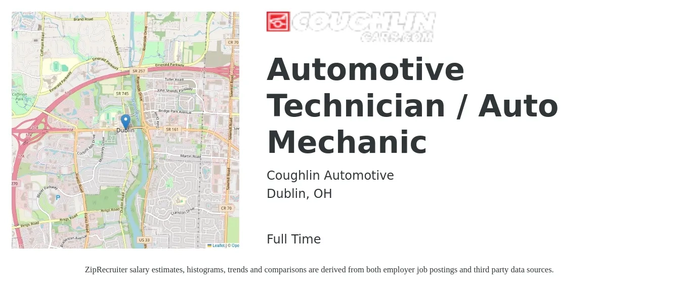 Coughlin Automotive job posting for a Automotive Technician / Auto Mechanic in Dublin, OH with a salary of $21 to $34 Hourly with a map of Dublin location.