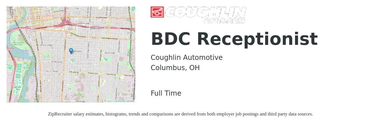 Coughlin Automotive job posting for a BDC Receptionist in Columbus, OH with a salary of $15 to $20 Hourly with a map of Columbus location.