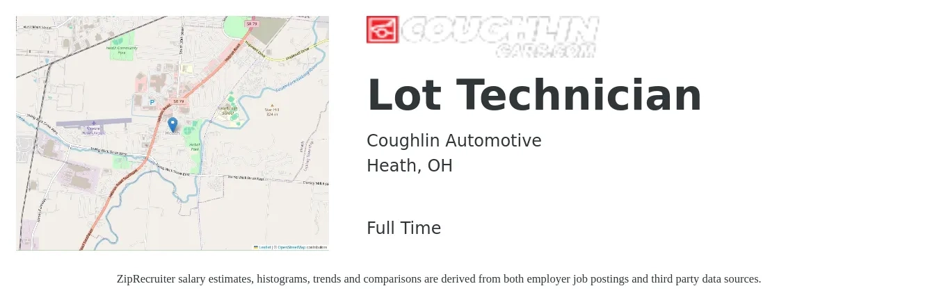 Coughlin Automotive job posting for a Lot Technician in Heath, OH with a salary of $14 to $16 Hourly with a map of Heath location.