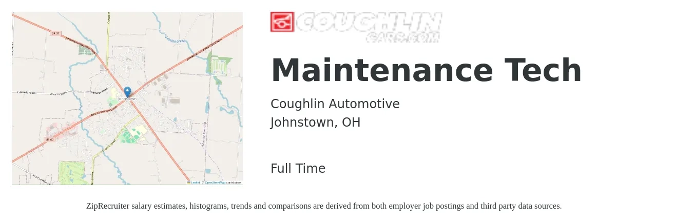 Coughlin Automotive job posting for a Maintenance Tech in Johnstown, OH with a salary of $18 to $26 Hourly with a map of Johnstown location.