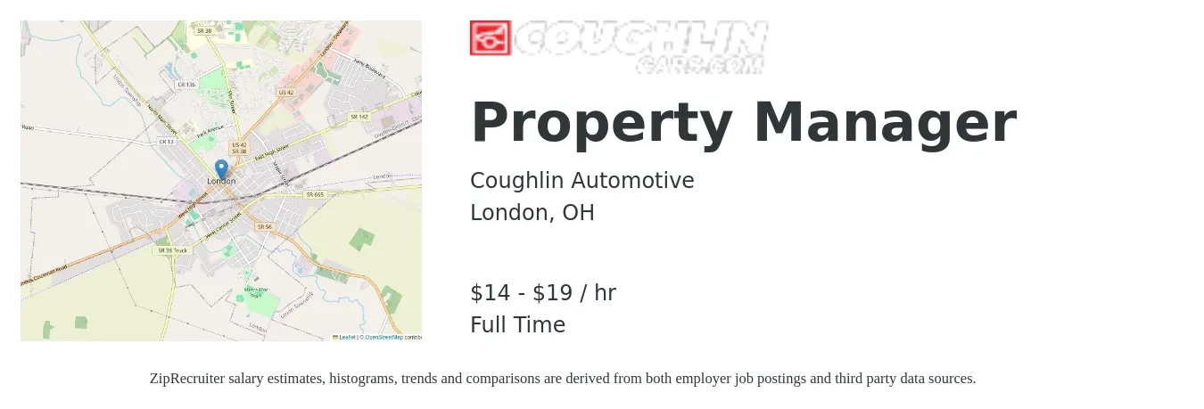 Coughlin Automotive job posting for a Property Manager in London, OH with a salary of $15 to $20 Hourly with a map of London location.
