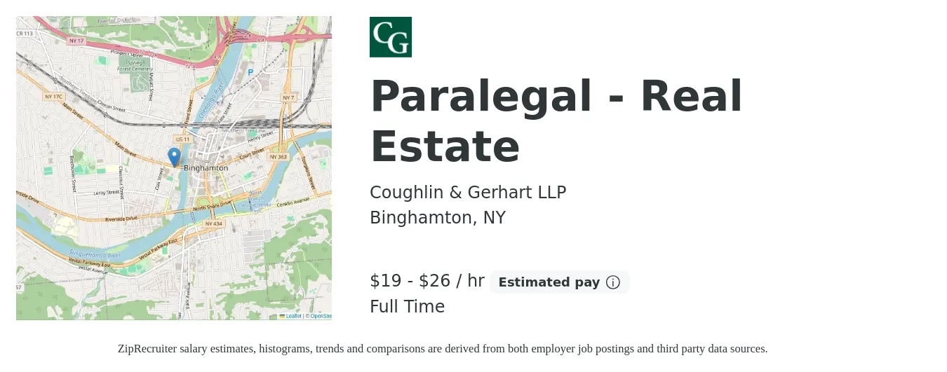 Coughlin & Gerhart, LLP job posting for a Paralegal - Real Estate in Binghamton, NY with a salary of $20 to $28 Hourly with a map of Binghamton location.